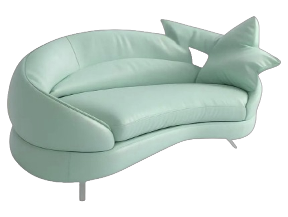 curved mint green sofa with sculptural design and star-shaped cushion modern furniture piece
